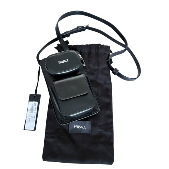 VERSACE 1013558 Black Calf Leather Phone Pouch Bag with lanyard ($1150 retail) - Picture 8 of 15